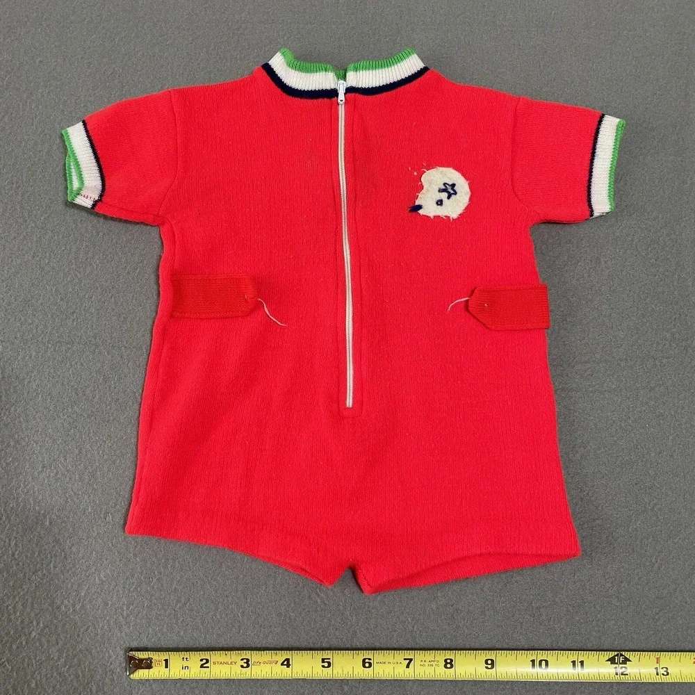Vtg 70s Handmade One‎ Pc Jumpsuit Soft Spun boy knit 18 month Football Helmet